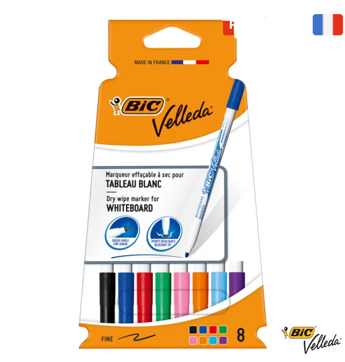 Marqueurs Effaçables Bic Velleda - Pochette de 8 (Pointe Fine)
